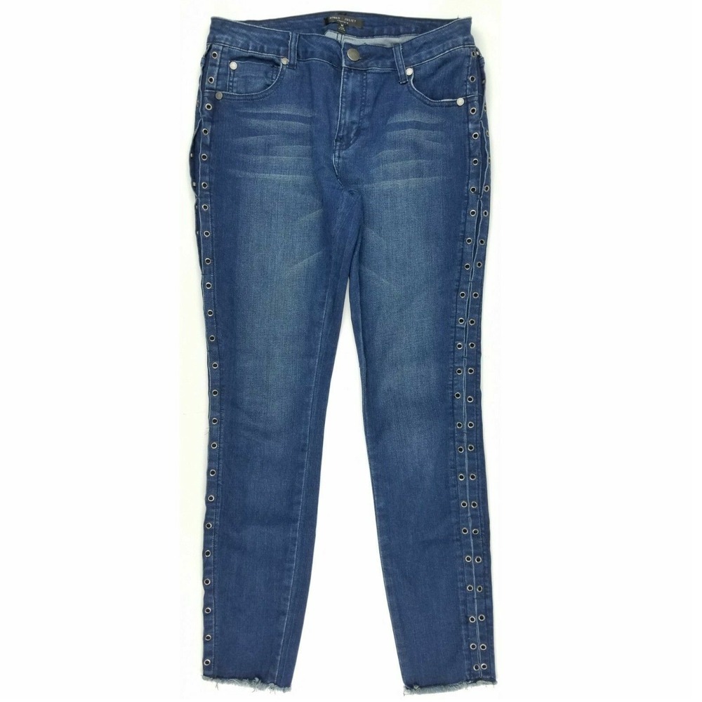 Romeo Juliet Couture Grommet Skinny Jeans M Blue Raw Hem Edgy‎ It-Girl Rocker